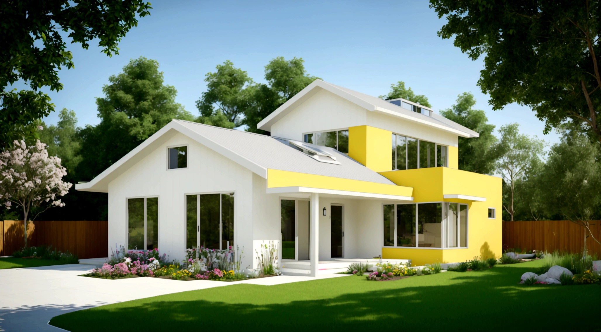 Exterior scene of a modern single-story house by the roadside, with pale yellow walls, glass windows and doors, simple yet elegant interior, surrounded by flowers and trees, blending harmoniously with nature, fresh air, natural light, hyper-realistic, high-quality image. photorealistic, 8K