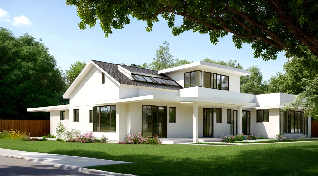 Exterior scene of a modern single-story house by the roadside, with pale yellow walls, glass windows and doors, simple yet elegant interior, surrounded by flowers and trees, blending harmoniously with nature, fresh air, natural light, hyper-realistic, high-quality image. photorealistic, 8K