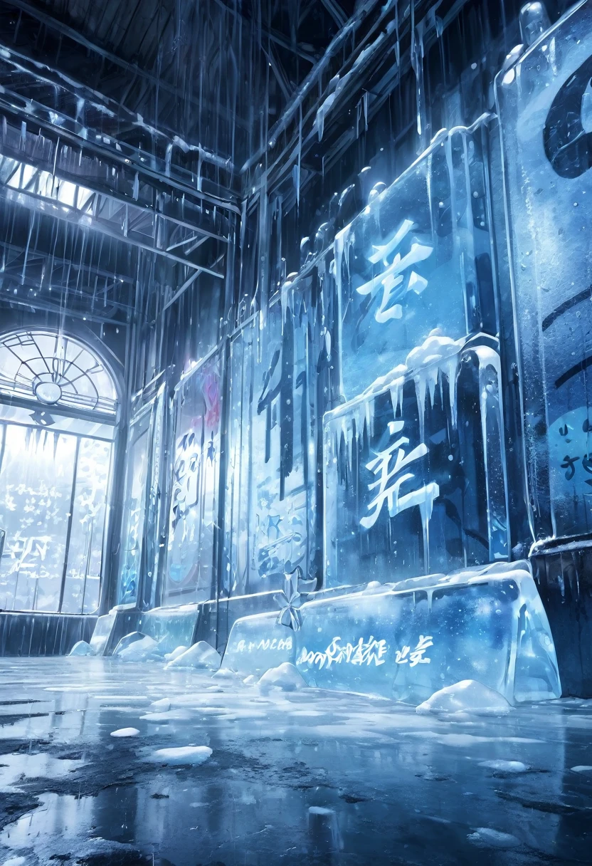 ice palace, graffiti, japanese letters, dim lights, simple, fog, soft rain, water puddles, hd, ambient