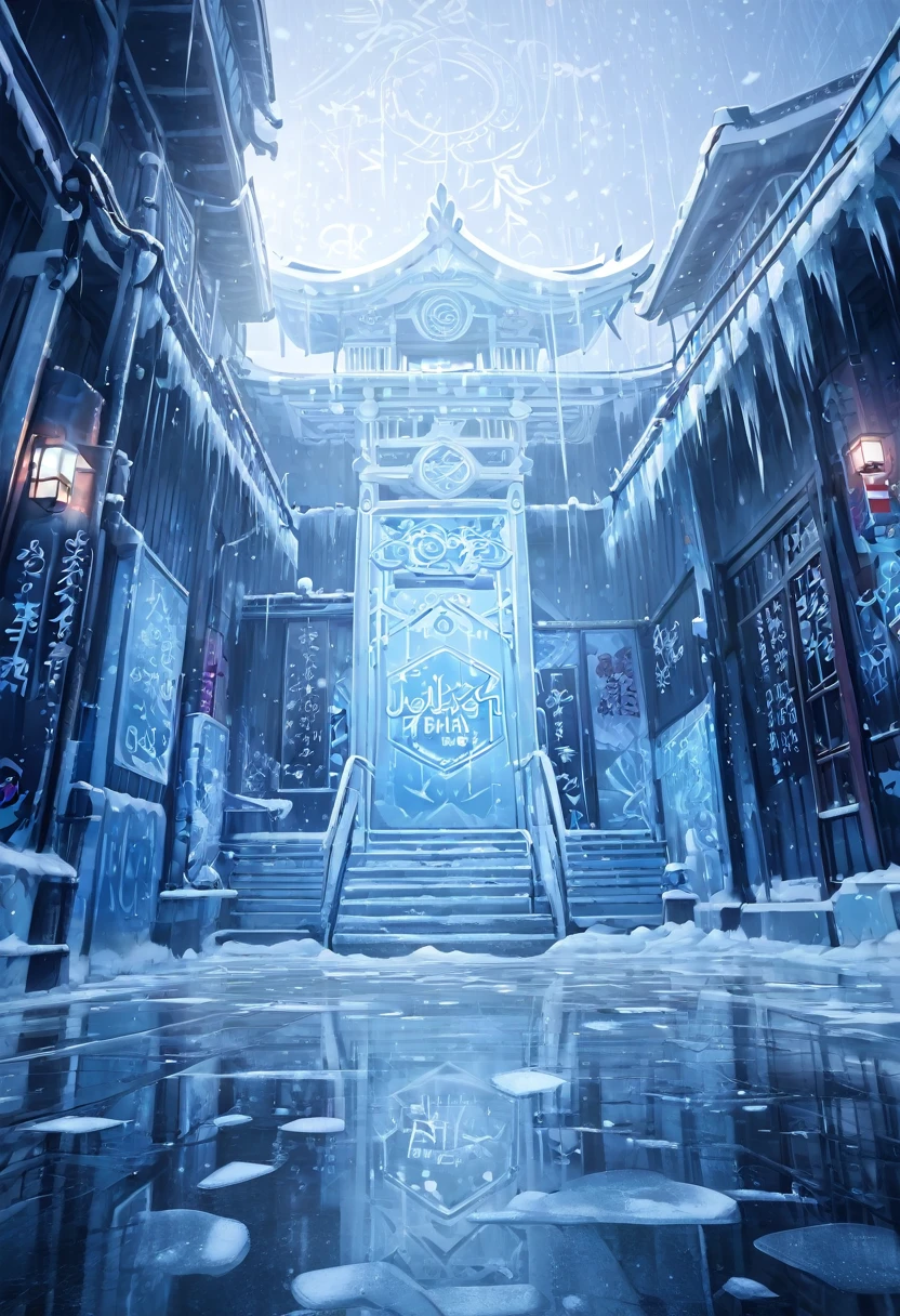 ice palace, graffiti, japanese letters, dim lights, simple, fog, soft rain, water puddles, hd, ambient