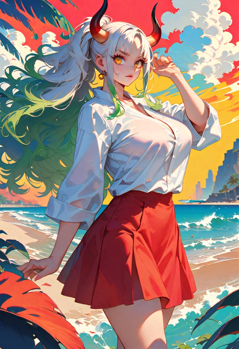 Style 9,1 woman,beach illustration, yamato one piece, white hair, pony tail, green hair at tip, horns, yellow eyes, detailed eyes, white clothes, red skirt, big breasts, illustration,beautiful background,whole body,mature body, culvage, Beautiful photography pose,profile,view at viewer, high detailed wallpaper, high quality, masterpiece