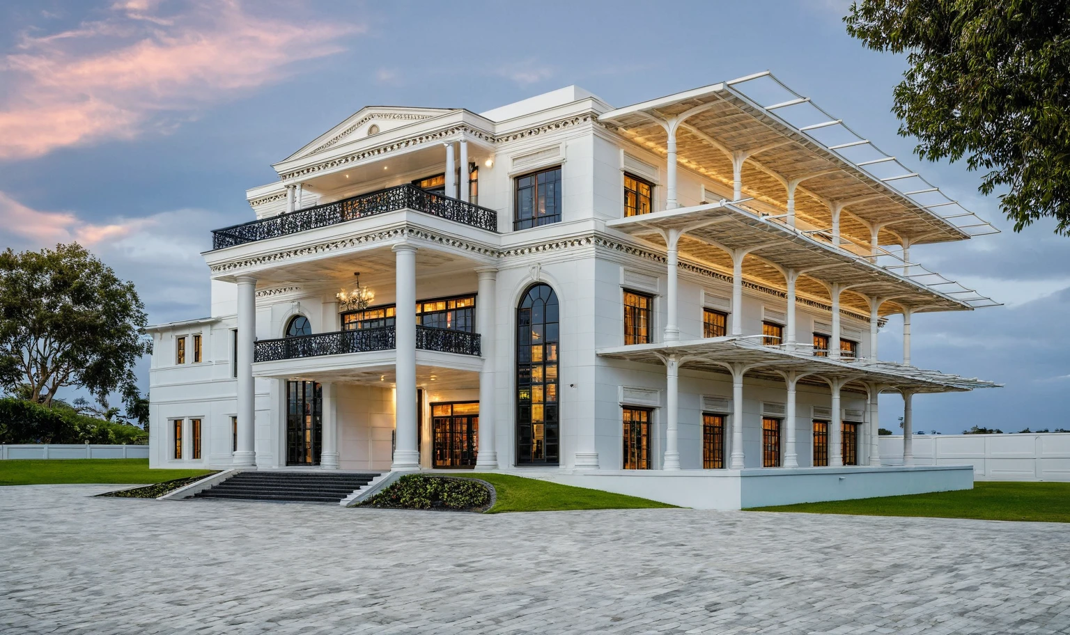 neo-classical villa on the street, (day light), arbre tropical, couleur vive, paysages de rue, white tone, Black detail, white wall, Large glass door, Warm interior lighting, best quality, head of'artwork, ultra realistic