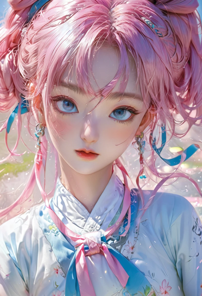 (finely detailed beautiful eyes and detailed face,masterpiece sidelighting,masterpiece,best quality,detailed,High resolution illustrations),, (1 Girl,whole body,beautiful girl,Glowing skin,look down,Looking at the audience),, (Pink Hair,blue eyes,Ribbon,Hanbok, korean clothes), (wearing clothes_Lower Bust:1.2),Lower breasts,
