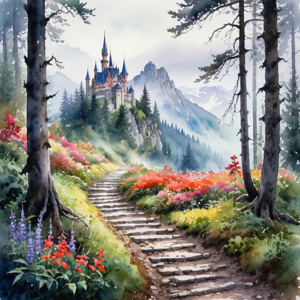 greg rutkowski, picture of small path in the misty dark tall tree forest leading to distant holy and magical forest, (watercolor), the ground is rich of vibrant colorful flower, wet on wet, loose watercolor, with mystical mountain landscape on the background, ultra high resolution, 8k , there is a gothic horror style castle on the background on top of the mountain, isolated, surrounded with with solid white background, #Slider, ((lora:add-detail-xl:2))
