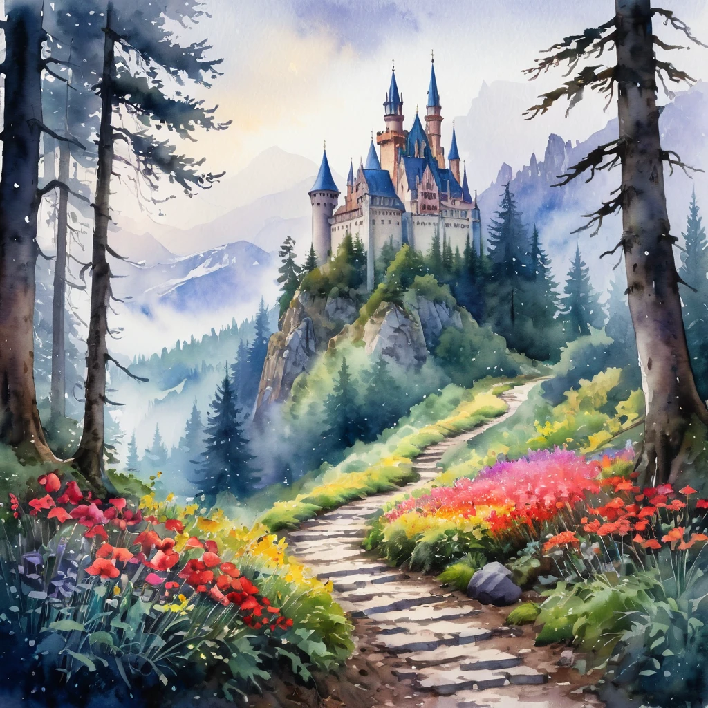 greg rutkowski, picture of small path in the misty dark tall tree forest leading to distant holy and magical forest, (watercolor), the ground is rich of vibrant colorful flower, wet on wet, loose watercolor, with mystical mountain landscape on the background, ultra high resolution, 8k , there is a gothic horror style castle on the background on top of the mountain, isolated, surrounded with with solid white background, #Slider, ((lora:add-detail-xl:2))