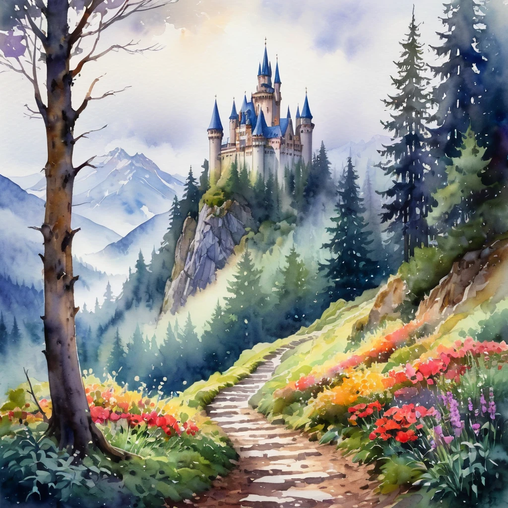 greg rutkowski, picture of small path in the misty dark tall tree forest leading to distant holy and magical forest, (watercolor), the ground is rich of vibrant colorful flower, wet on wet, loose watercolor, with mystical mountain landscape on the background, ultra high resolution, 8k , there is a gothic horror style castle on the background on top of the mountain, isolated, surrounded with with solid white background, #Slider, ((lora:add-detail-xl:2))