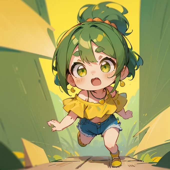 (masterpiece, Highest quality:1.2), (2 head body chibi character:1.1), Yellow-green hair, Chignon Hair, Top of the head, Yellow-green eyes, Yellow off-shoulder blouse, Denim shorts, Short bangs, Thick eyebrows, Round necklace, A lively atmosphere, running, Very impatient, View your viewers, (Photo studio with blue background:1.0)