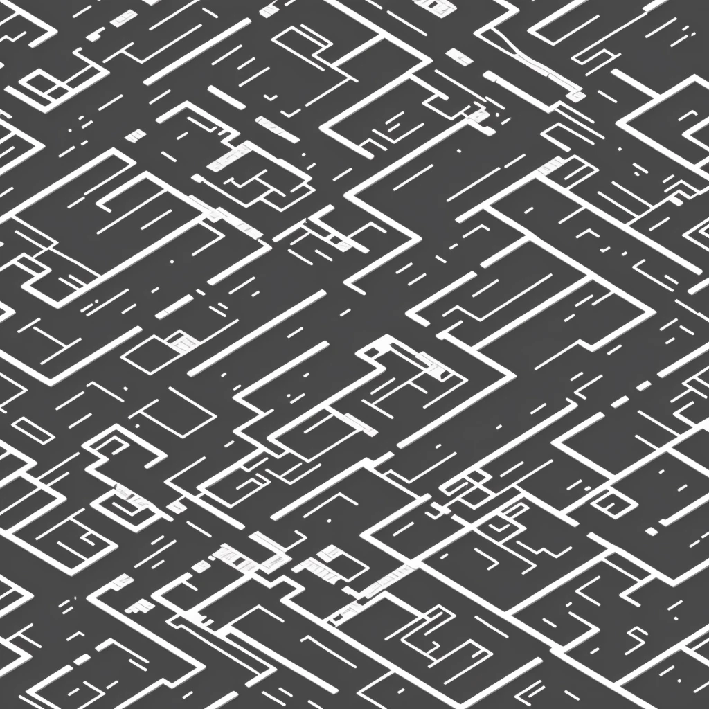 black and white line art of urban city blocks with roads and wide sidewalk, short buildings, minimal detail, cartoon style, isometric, birdseye view