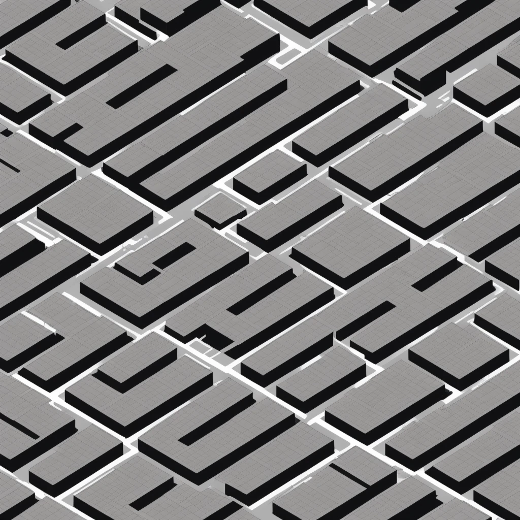 black and white line art of urban city blocks with roads and wide sidewalk, short buildings, minimal detail, cartoon style, isometric, birdseye view