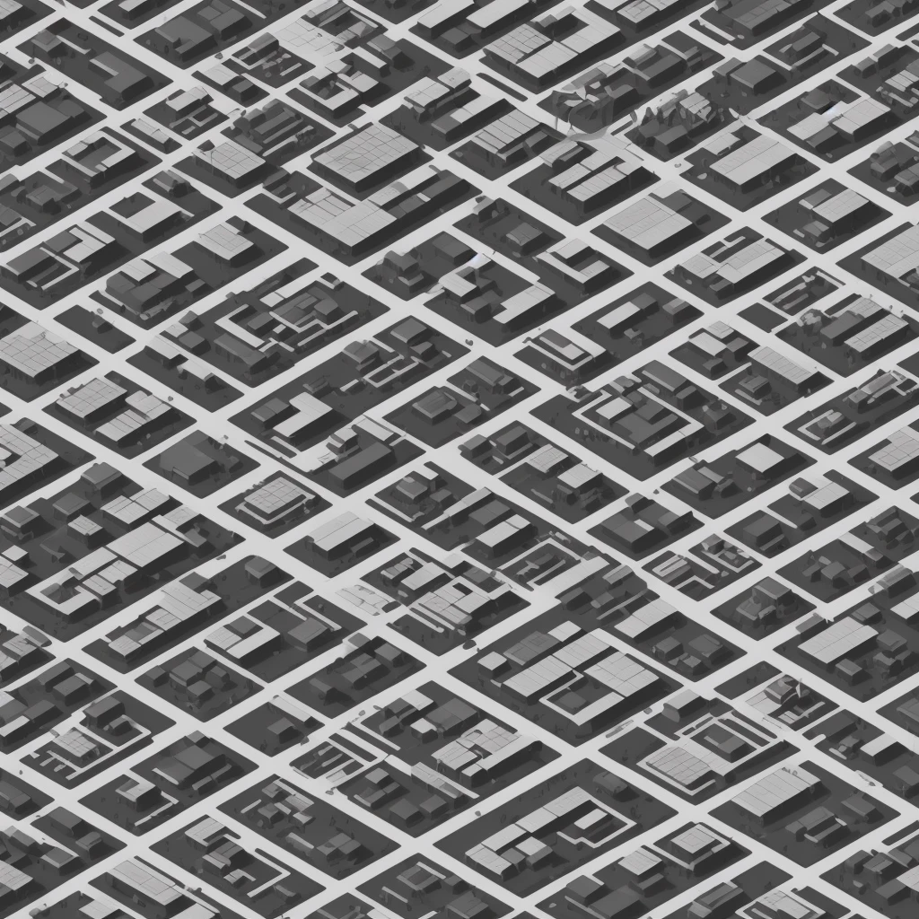 black and white line art of urban city blocks with roads and wide sidewalk, short buildings, minimal detail, cartoon style, isometric, birdseye view
