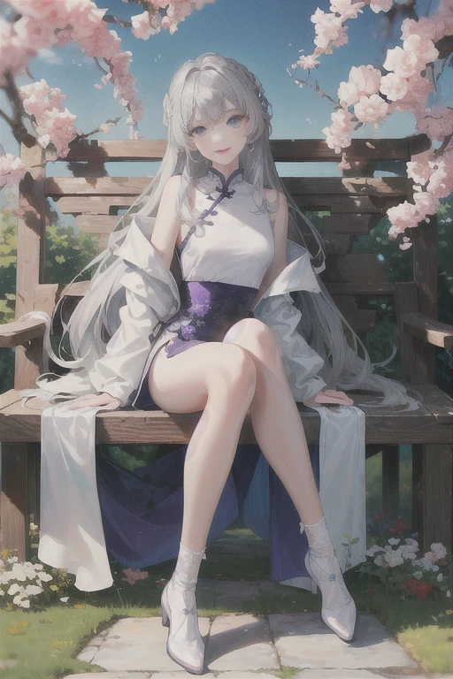 masterpiece, Excellent, daytime, outdoor, Falling Flowers, Branches, China人, China, 1 girl, Perfect Woman, Woman with long silver hair, Gray blue eyes, Light pink lips,  Serious, ,Purple Eyes, White clothes, , Delicate face, Delicate face, Sitting Legs, Smile