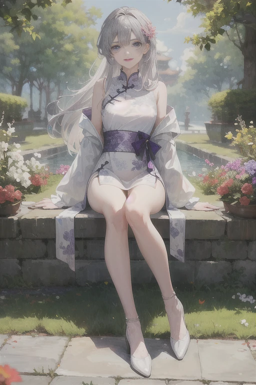 masterpiece, Excellent, daytime, outdoor, Falling Flowers, Branches, China人, China, 1 girl, Perfect Woman, Woman with long silver hair, Gray blue eyes, Light pink lips,  Serious, ,Purple Eyes, White clothes, , Delicate face, Delicate face, Sitting Legs, Smile