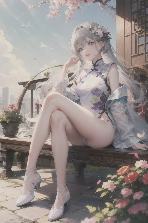 masterpiece, Excellent, daytime, outdoor, Falling Flowers, Branches, China人, China, 1 girl, Perfect Woman, Woman with long silver hair, Gray blue eyes, Light pink lips, Serious, ,Purple Eyes, White clothes, , Delicate face, Delicate face, Sitting Legs, Smile