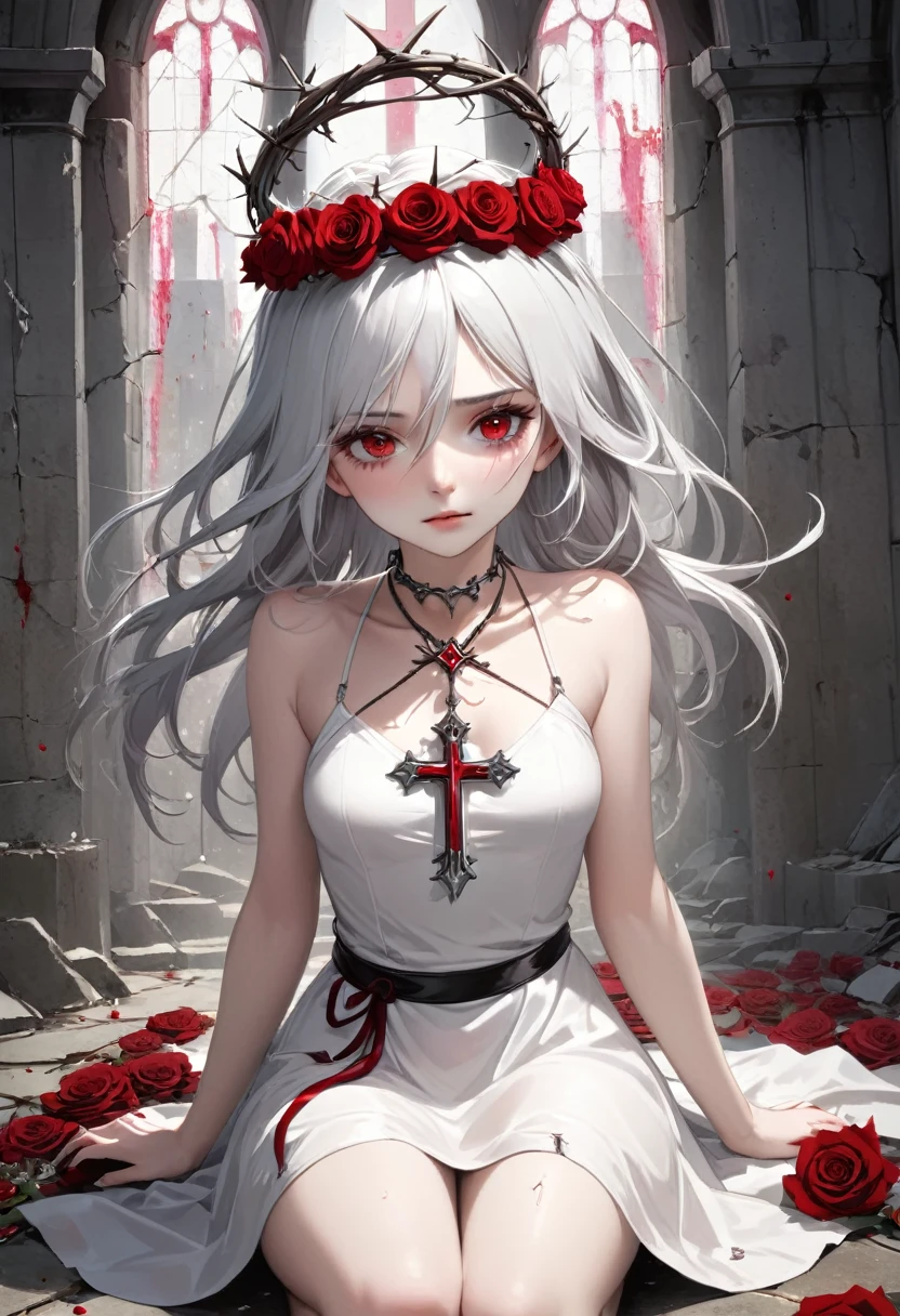 A girl with pure white skin and gray-toned white hair wears a crown of thorns, from which small drops of blood fall, running across her forehead. Her eyes are a crimson red color, with a vacant expression and a faint smile on her face. She wears a short white dress that reaches her knees. Several silver roses adorn her body, while sharp-thorned vines resemble necklaces, wrapping around her hands and waist. The setting is a ruined church, with cracked walls and broken windows, where light timidly enters. Next to her is an altar supporting a cross adorned with various roses. The atmosphere has a melancholic and mysterious air, emphasizing the loneliness and the contrast between the girl's beauty and suffering.