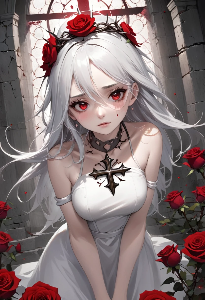 A girl with pure white skin and gray-toned white hair wears a crown of thorns, from which small drops of blood fall, running across her forehead. Her eyes are a crimson red color, with a vacant expression and a faint smile on her face. She wears a short white dress that reaches her knees. Several silver roses adorn her body, while sharp-thorned vines resemble necklaces, wrapping around her hands and waist. The setting is a ruined church, with cracked walls and broken windows, where light timidly enters. Next to her is an altar supporting a cross adorned with various roses. The atmosphere has a melancholic and mysterious air, emphasizing the loneliness and the contrast between the girl's beauty and suffering.