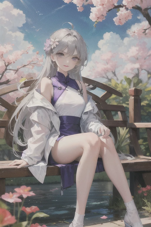 masterpiece, Excellent, daytime, outdoor, Falling Flowers, Branches, China人, China, 1 girl, Perfect Woman, Woman with long silver hair, Gray blue eyes, Light pink lips,  Serious, ,Purple Eyes, White clothes, , Delicate face, Delicate face, Sitting Legs, Smile