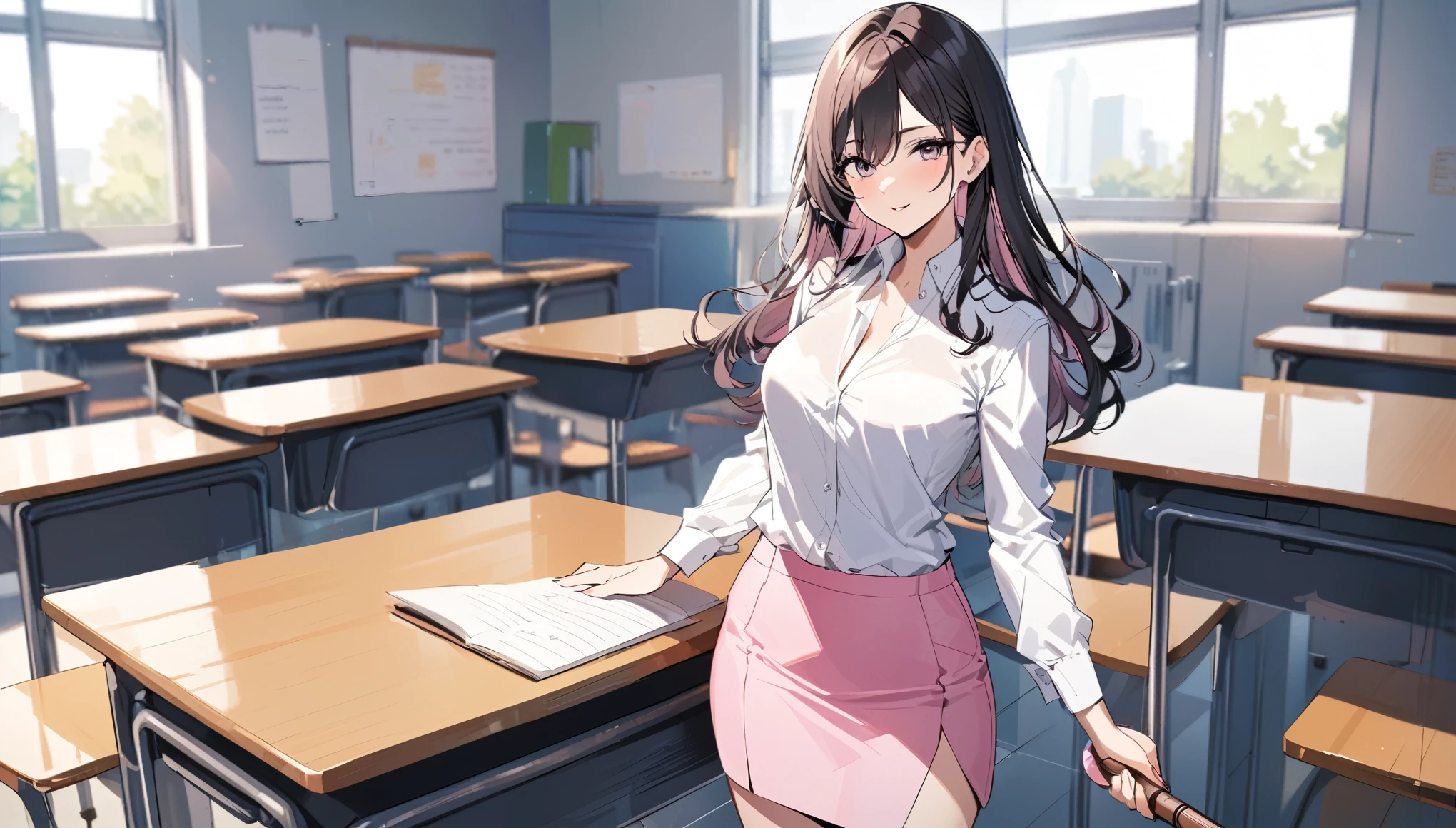 Pink hip skirt,Beautiful female teacher,Good figure,Cane in hand,modern,classroom