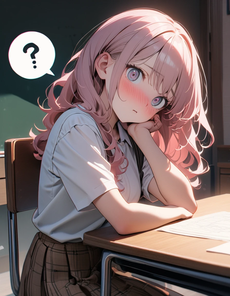 (8K, best quality, master piece: 1.2),super high resolution,1 cute girl,solo,,ultra-detailed face,detailed eyes,gradient eyes,upturned eyes,Sitting in a chair,((head tilt)),(fold-arms,spoken question mark),wavy hair,Long hair,Smoky pink hair,short sleeve white shirt,Brown skirt in plaid skirt,bow,shocked,nose blush,Dカップです,There is a study desk in front of the girl,rim light,blackboard in front,indoors coaching school