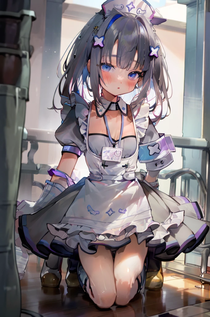 face、I can see the side、Maid clothes、(Lower body naked)、indoor、An empty, closed container、Pussy、(R18)