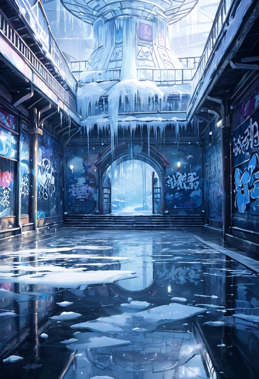 ice palace, graffiti, japanese letters, dim lights, simple, fog, soft rain, water puddles, hd, ambient