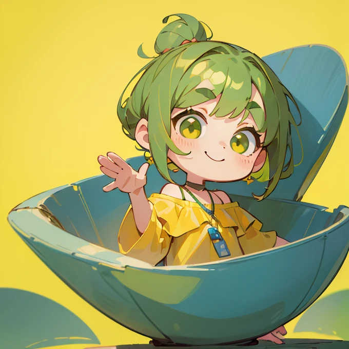 (masterpiece, Highest quality:1.2), (2 head body chibi character:1.1), Yellow-green hair, Chignon Hair, Top of the head, Yellow-green eyes, Yellow off-shoulder blouse, Denim shorts, Short bangs, Thick eyebrows, Round necklace, A gentle atmosphere, Waving, smile, View your viewers, (Photo studio with blue background:1.0)