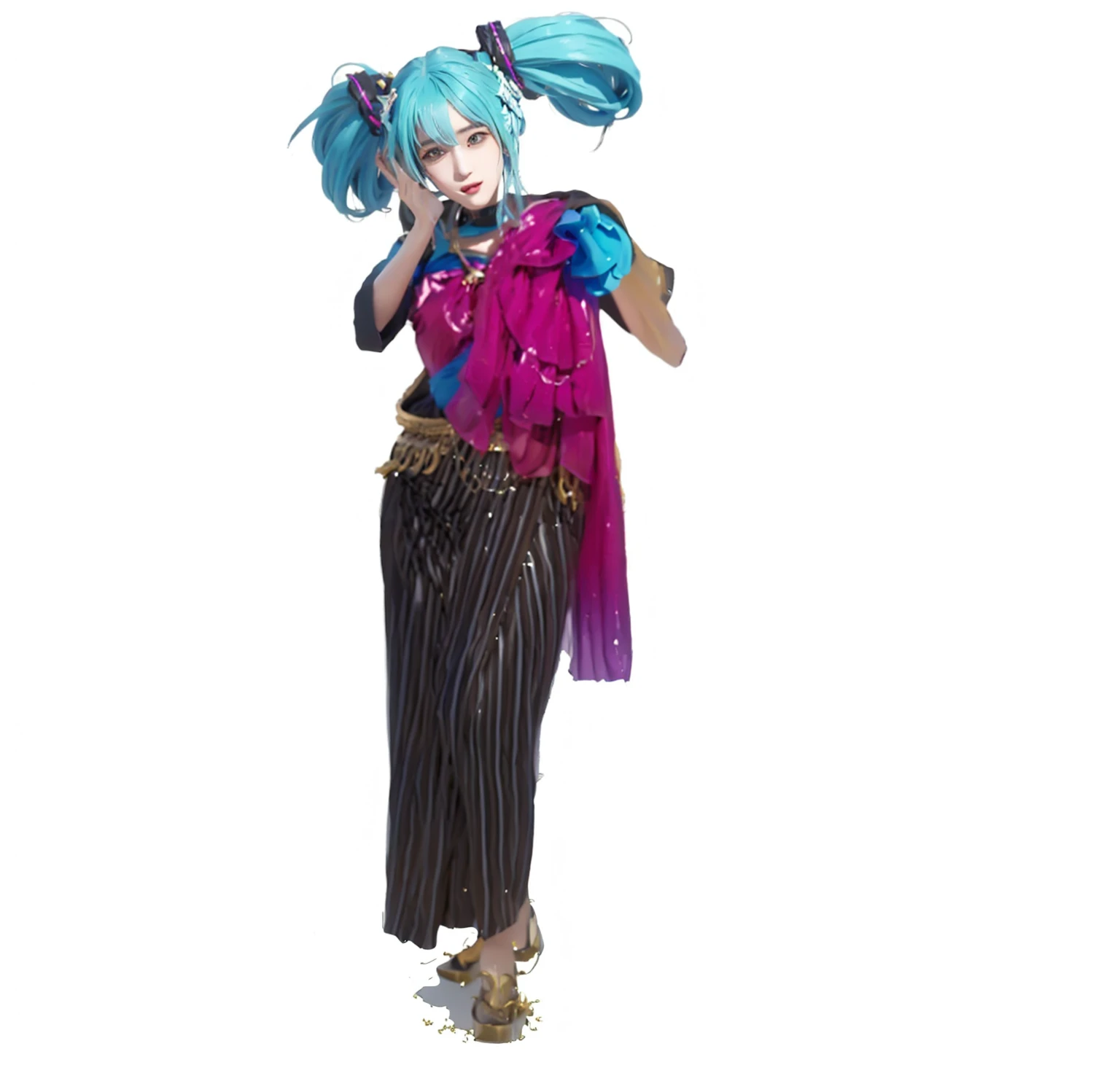 ((Masterpiece)), (best quality), (very detailed), ((very detailed)), 4k, (8k),1 girl,Hatsune Miku, there is a woman in a costume that is standing up, tai costume, beautiful genie girl, miku , hatsune miku cosplay, high quality costume, inka harpy girl, high quality theatre costume, maya ali as a wind sorcerer, hatsune miku, anime cosplay, costume