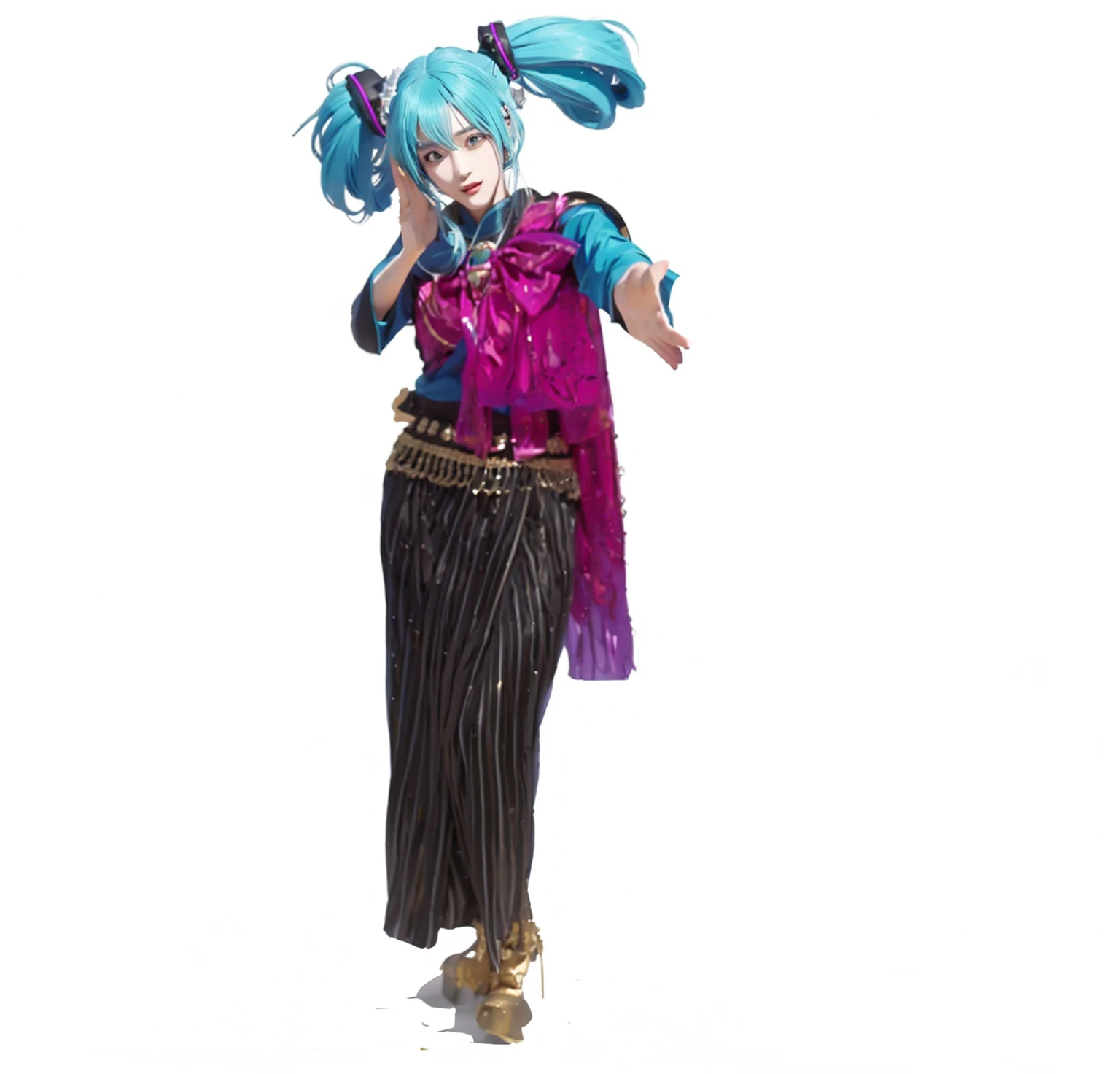 ((Masterpiece)), (best quality), (very detailed), ((very detailed)), 4k, (8k),1 girl,Hatsune Miku,  there is a woman in a costume that is standing up, tai costume, beautiful genie girl, miku , hatsune miku cosplay, high quality costume, inka harpy girl, high quality theatre costume, maya ali as a wind sorcerer, hatsune miku, anime cosplay, costume