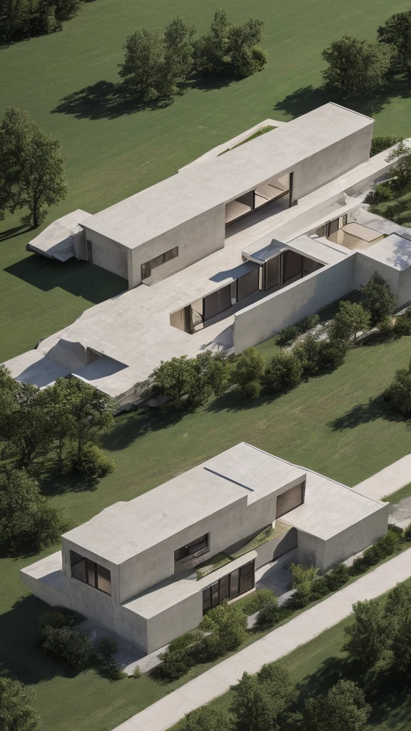 Long one-story cement house Looks like the letter L 