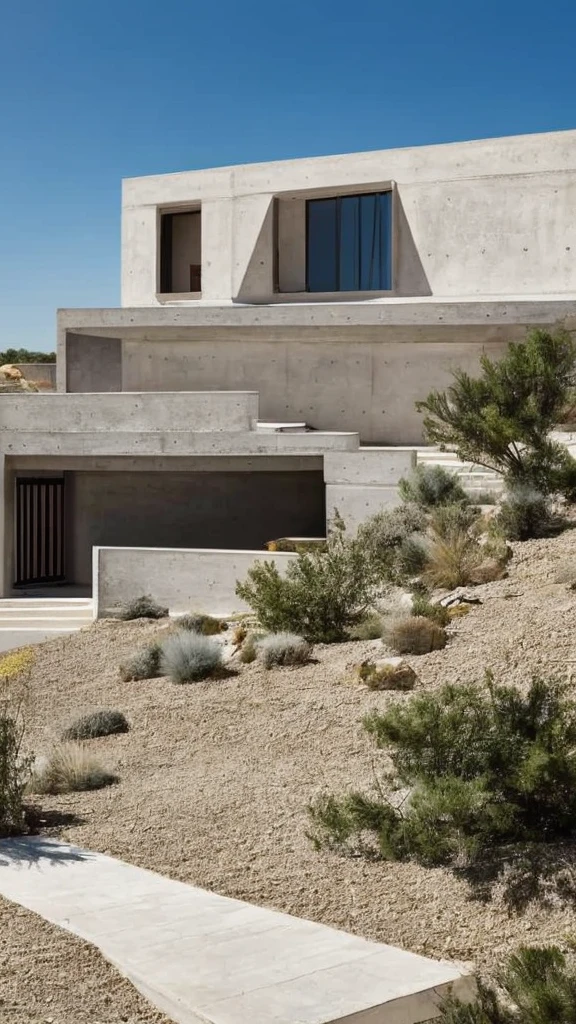 Long one-story cement house Looks like the letter L 