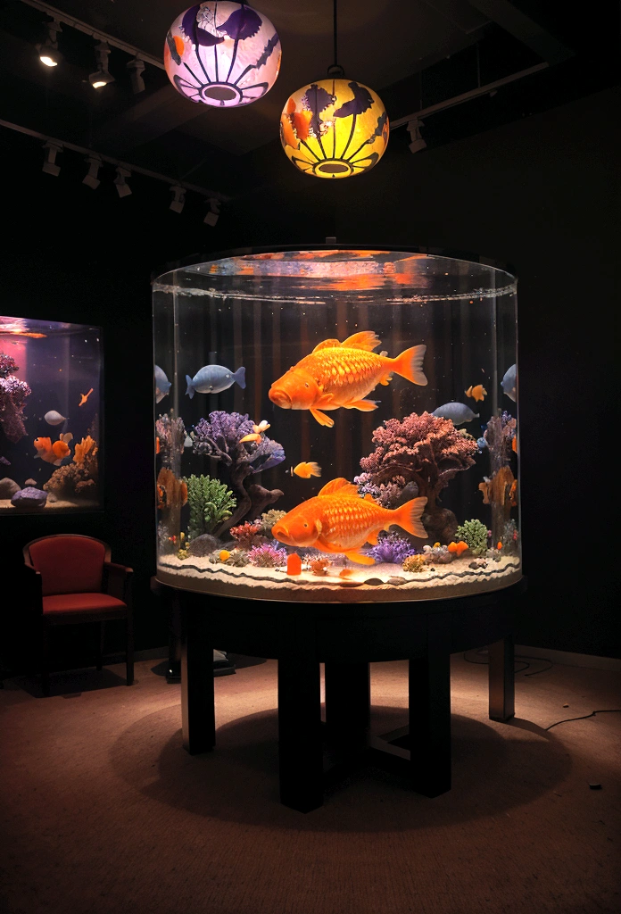 light,A vibrant display of large fish bowls filled with goldfish, illuminated with colorful purple and red lighting, set against a dark indoor background, likely an art installation or aquarium exhibit