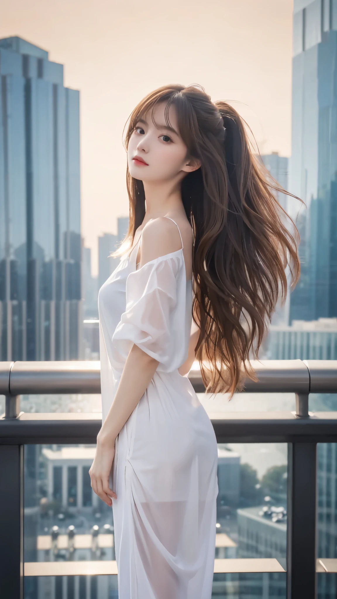 {{{ultra detail}}}, {{{realistic}}}, {{{depth of field}}}, whole body, from the side, head tilt, incredibly detailed, longuette, 1 woman, 30 years old, very long hair, Curly hair, high ponytail, light brown hair, beautiful and delicate hair, perfect face, Delicate arms and hands, slim legs, White skin, piercing, oversized clothes, big top sleeves, black pants, open clothes, cityscape, delicate background, blurred background, very delicate and beautiful, {{{wallpaper 8k CG}}}, {{{best quality}}}, {{{the greatest masterpiece}}},