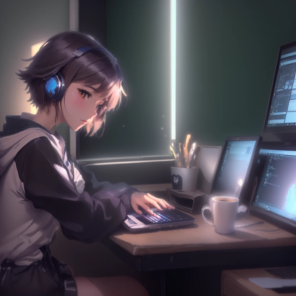 Anime girl sitting at a desk with headphones on and a laptop and a cup of coffee, 4k anime wallpaper, anime art wallpaper 4k, anime art wallpaper 4k, anime wallpaper 4k, anime wallpaper 4k, Anime Art Wallpapers 8K, Anime Style 4k, Anime Aesthetics, Lo-fi art style, Lo-fi Girl, Anime Background, Anime Girl Desktop Backgrounds, Ghibli Art, Hayao Miyazaki