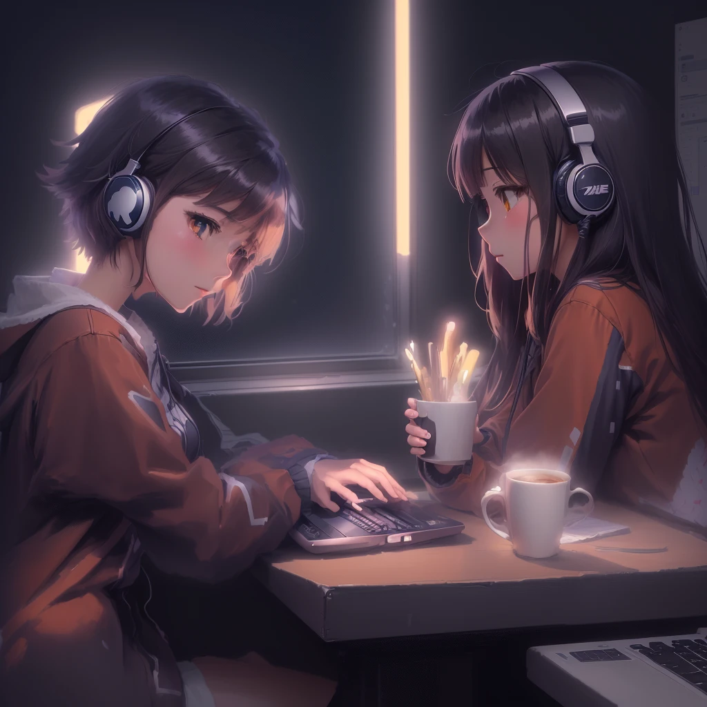 Anime girl sitting at a desk with headphones on and a laptop and a cup of coffee, 4k anime wallpaper, anime art wallpaper 4k, anime art wallpaper 4k, anime wallpaper 4k, anime wallpaper 4k, Anime Art Wallpapers 8K, Anime Style 4k, Anime Aesthetics, Lo-fi art style, Lo-fi Girl, Anime Background, Anime Girl Desktop Backgrounds, Ghibli Art, Hayao Miyazaki