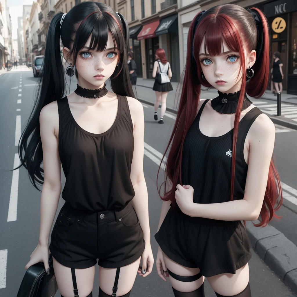 A young girl with sad expression, long dark red hair with black streaks with bangs, light blue eyes, pale skin, round face, on the street, full body, gothic fashion, freckles, black makeup and lipstick, flat chest, black tank top, black shorts, long striped black and white knee socks, twintails, earrings, black platformer shoes