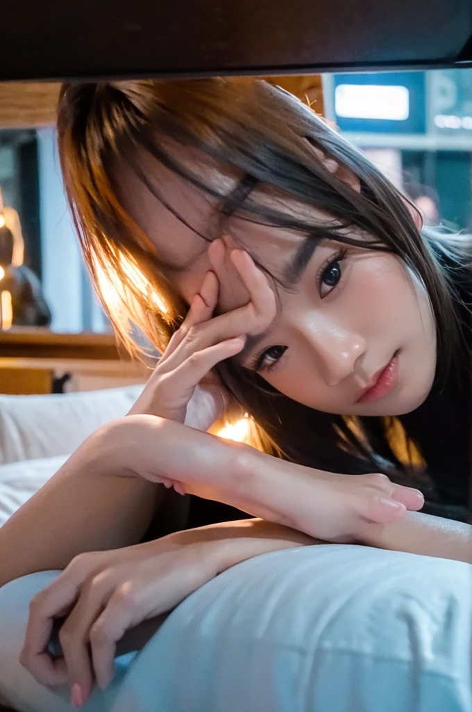 freya from JKT48, idol, indonesian girl, , black bikini, cute face, on the beach, close up, looking at camera, cinematic, sharp lense, professional photographie, 70mm lense, soft light, , 4k, not wearing pants, big pussy covered cum, 