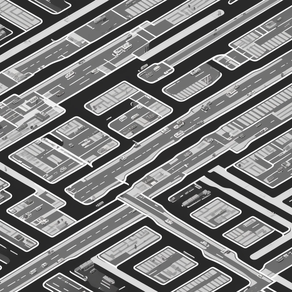black and white line art of urban city with roads and wide sidewalk, short buildings, minimal detail, cartoon style, isometric, birdseye view