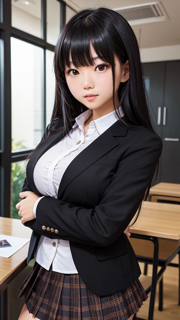 Tabletop、highlight、Asian woman、Black Hair、Heavy bangs、breast enhancement、high school girl、blazer、skirt、Gazing Eyes、Support your chest with your arms、