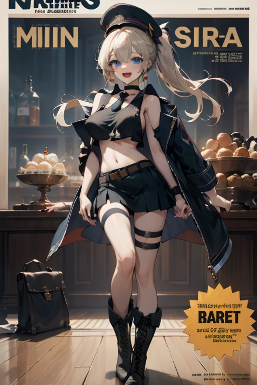 (masterpiece:1.2), (Military uniform magazine cover:1.4),best quality,PIXIV,Sweet girl , sexy posture,1girl, (perky chest:1.2), rolling upskirt by wind:1.6, (with sparkling eyes and a contagious smile),open mouth, (pointed chest:1.2),fishnets, black hair, boots, long hair, black nails, skirt, shirt, solo, black footwear, bag, black skirt, jewelry, jacket, on head, black jacket, thigh strap, bangs, necktie, earrings, nail polish, multicolored hair, looking at viewer, full body, bottle, own hands together, belt, jacket on shoulders, food, cats on head, black necktie, ring, choker, english text, collared shirt, blue eyes, platform boots, hat, lace-up boots ,masterpiece、highest quality、Very detailed、An illustration、Beautiful fine details、One Girl、cute、Detailed landscape、Training Room Background:1.4、Platinum Blonde Hair、Braided Ponytail、Red camisole、((D cup breasts, Tank top showing underboob:1.3))
