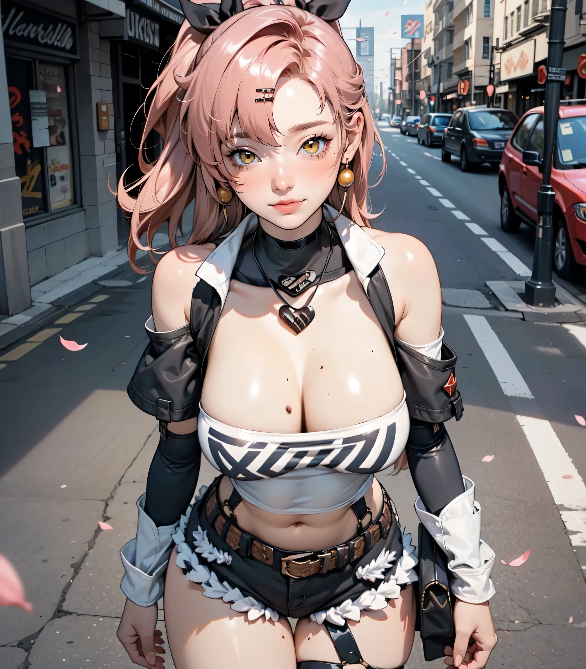 Masterpiece, best quality, extremely detailed artwork, award winning, retina, soft light, sharp focus. (((solo))), (cowboy shot:1.5), FROM ABOVE
nicole demara
tube top, single thighhigh, short shorts, cropped jacket, belt boots, hair ribbon, hairclip, earrings, single sock, high belt, thigh strap, detached sleeves, doll, black collar, smile, looking at viewer, outdoors, street, cherry blossoms, petals, open legs, embarrased, blushing, standing
Huge breasts, Turned, erotic and provocative, (EMPTY STREET)
FULL BODY SHOT, ultra wide angle, smooth perfect skin, smooth_skin, face detail, clean skin, perfect hands, perfect anatomy, anatomically correct,
(realistic city background:1.2)