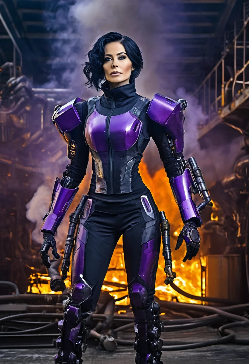 A beautiful woman, black messy hair, in a high-tech suit, including colossal bronze purple robotic arms, with large mechanical hands, is in an industrial environment on fire. she wears a dark gray padded vest, a futuristic breathing mask. dynamic pose, The setting is an industrial facility with pipes and machinery in the background on fire.