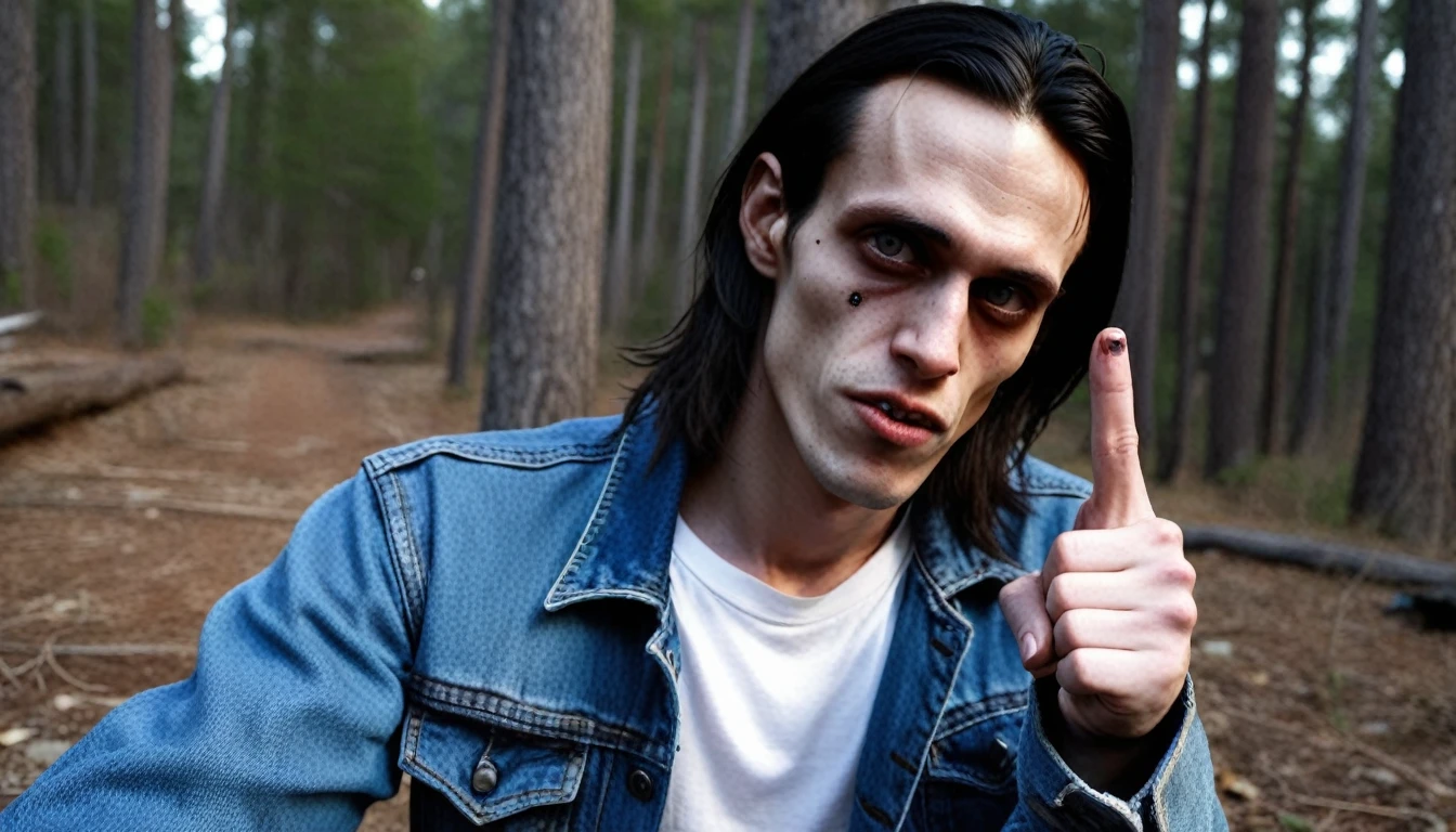 skinny man, grimdark, with glassy eyes, half of your face burned completely, the other half of the normal face without any deformity, long dark hair, middle finger with a large, grotesque nail curved like a sickle, he is showing the finger as a sign of fuck you, wearing a worn blue denim jacket and a white shirt underneath, jeans and black combat boots, scary environment in the middle of the forest in front of a cabin that is illuminated by the light of the full moon.