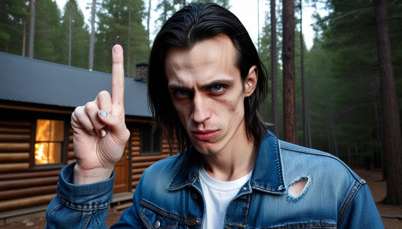 skinny man, grimdark,  with glassy eyes, half of your face burned completely, the other half of the normal face without any deformity, long dark hair, middle finger with a large, grotesque nail curved like a sickle, he is showing the finger as a sign of fuck you, wearing a worn blue denim jacket and a white shirt underneath, jeans and black combat boots, scary environment in the middle of the forest in front of a cabin that is illuminated by the light of the full moon.