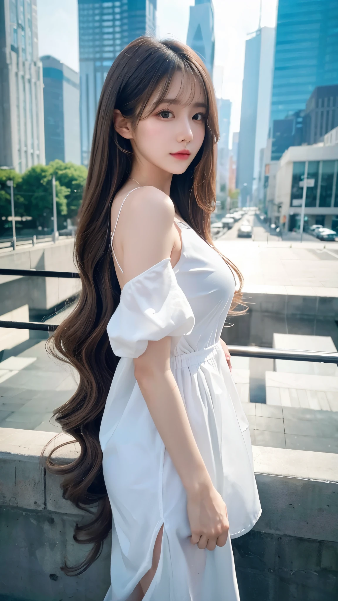 {{{ultra detail}}}, {{{realistic}}}, {{{depth of field}}}, whole body, from the side, head tilt, incredibly detailed, longuette, 1 woman, 30 years old, very long hair, Curly hair, high ponytail, light brown hair, beautiful and delicate hair, perfect face, Delicate arms and hands, slim legs, White skin, piercing, oversized clothes, big top sleeves, black pants, open clothes, cityscape, delicate background, blurred background, very delicate and beautiful, {{{wallpaper 8k CG}}}, {{{best quality}}}, {{{the greatest masterpiece}}},