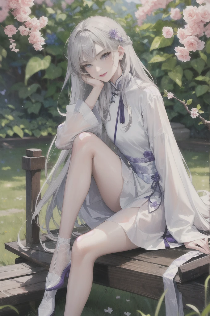 masterpiece, Excellent, daytime, outdoor, Falling Flowers, Branches, China人, China, 1 girl, Perfect Woman, Woman with long silver hair, Gray blue eyes, Light pink lips,  Serious, ,Purple Eyes, White clothes, , Delicate face, Delicate face, Sitting Legs, Smile