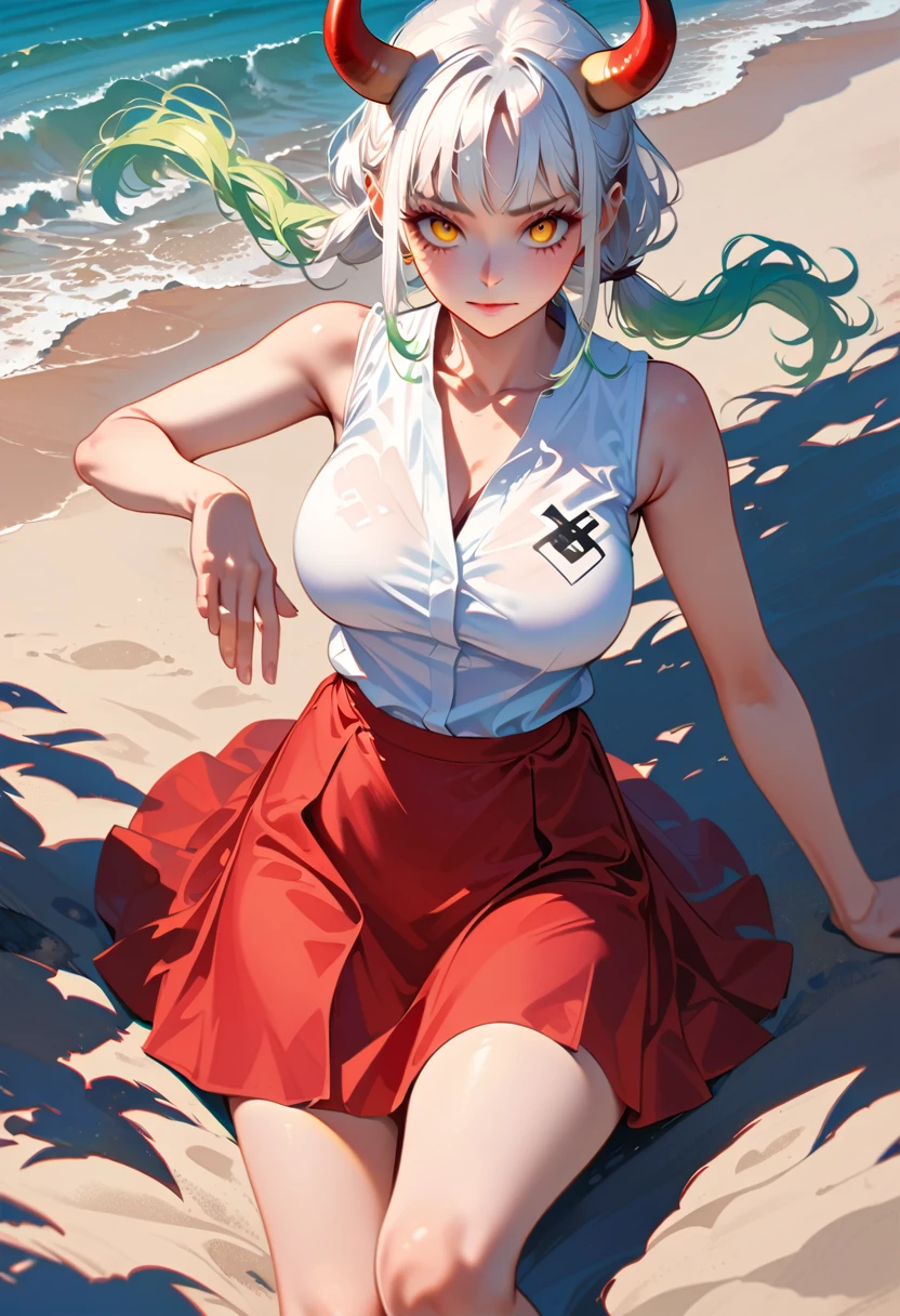 Style 9,1 woman, laying on sand, yamato one piece, white hair, pony tail, green hair at tip, horns, yellow eyes, detailed eyes, white clothes, red skirt, big breasts, illustration,beautiful background,whole body,culvage, high angle shot, from above, Beautiful photography pose,profile,view at viewer, high detailed wallpaper, high quality, masterpiece