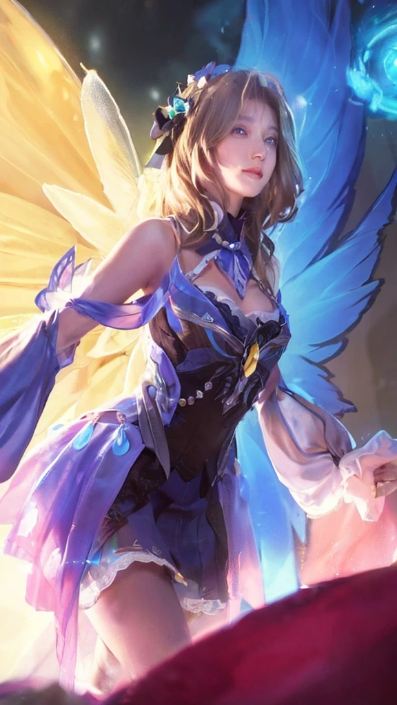 best qualtiy, Ultra-high resolution, (realisticlying:1.4), Baoyu Girl, Black long straight,A pair of clear and moving peach blossom eyes,Royal Sister,Uniforms,sunshine on face,(choker necklace:1.2),(Fair skin:1.8),a sense of atmosphere,a beauty girl, ssmile,head straight-looking at viewer, closeup cleavage ,(Photorealistic:1.4),Suits,white shirt,yellow bow,neck bowtie,Yellow skirt,Plaid skirts,pleatedskirt,