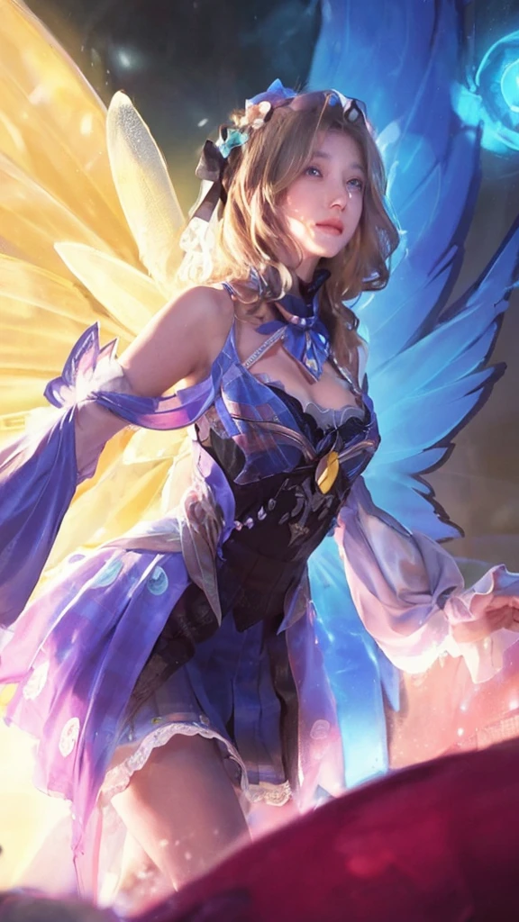 best qualtiy， Ultra-high resolution， （realisticlying：1.4）， Baoyu Girl， Black long straight，A pair of clear and moving peach blossom eyes,Royal Sister，Uniforms，sunshine on face，（choker necklace：1.2），（Fair skin：1.8），a sense of atmosphere，a beauty girl， ssmile，head straight-looking at viewer， closeup cleavage ，(Photorealistic:1.4),Suits，white  shirt，yellow bow，neck bowtie，Yellow skirt，Plaid skirts，pleatedskirt，