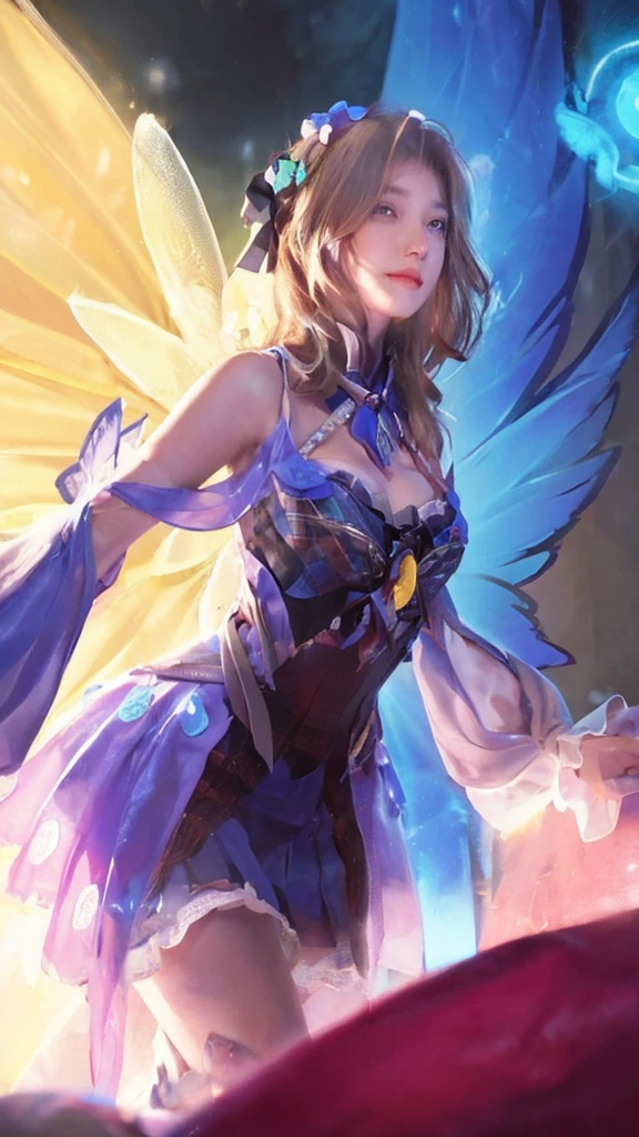 best qualtiy, Ultra-high resolution, (realisticlying:1.4), Baoyu Girl, Black long straight,A pair of clear and moving peach blossom eyes,Royal Sister,Uniforms,sunshine on face,(choker necklace:1.2),(Fair skin:1.8),a sense of atmosphere,a beauty girl, ssmile,head straight-looking at viewer, closeup cleavage ,(Photorealistic:1.4),Suits,white shirt,yellow bow,neck bowtie,Yellow skirt,Plaid skirts,pleatedskirt,