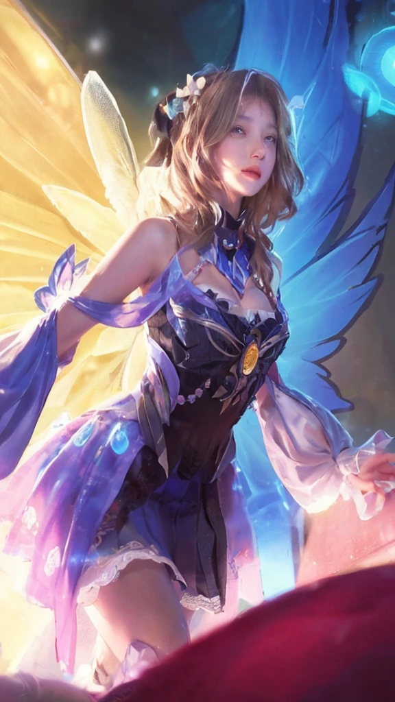 best qualtiy， Ultra-high resolution， （realisticlying：1.4）， Baoyu Girl， Black long straight，A pair of clear and moving peach blossom eyes,Royal Sister，Uniforms，sunshine on face，（choker necklace：1.2），（Fair skin：1.8），a sense of atmosphere，a beauty girl， ssmile，head straight-looking at viewer， closeup cleavage ，(Photorealistic:1.4),Suits，white  shirt，yellow bow，neck bowtie，Yellow skirt，Plaid skirts，pleatedskirt，
