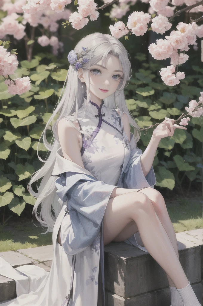 masterpiece, Excellent, daytime, outdoor, Falling Flowers, Branches, China人, China, 1 girl, Perfect Woman, Woman with long silver hair, Gray blue eyes, Light pink lips, Serious, ,Purple Eyes, White clothes, , Delicate face, Delicate face, Sitting Legs, Smile